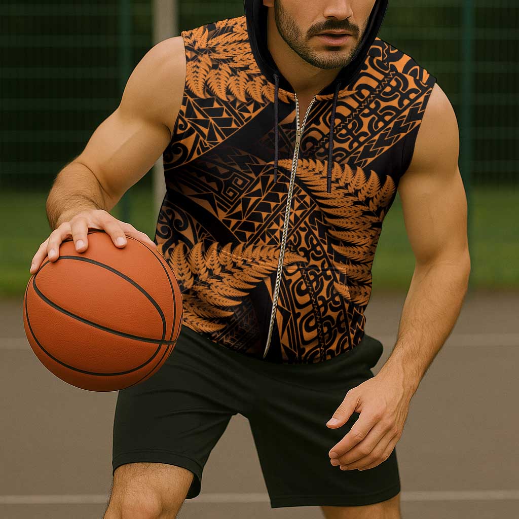 New Zealand Rugby Pacific Personalised Sleeveless Zip Hoodie All Gold Maori Pasifika Fern Pattern - Aussie Hoodie