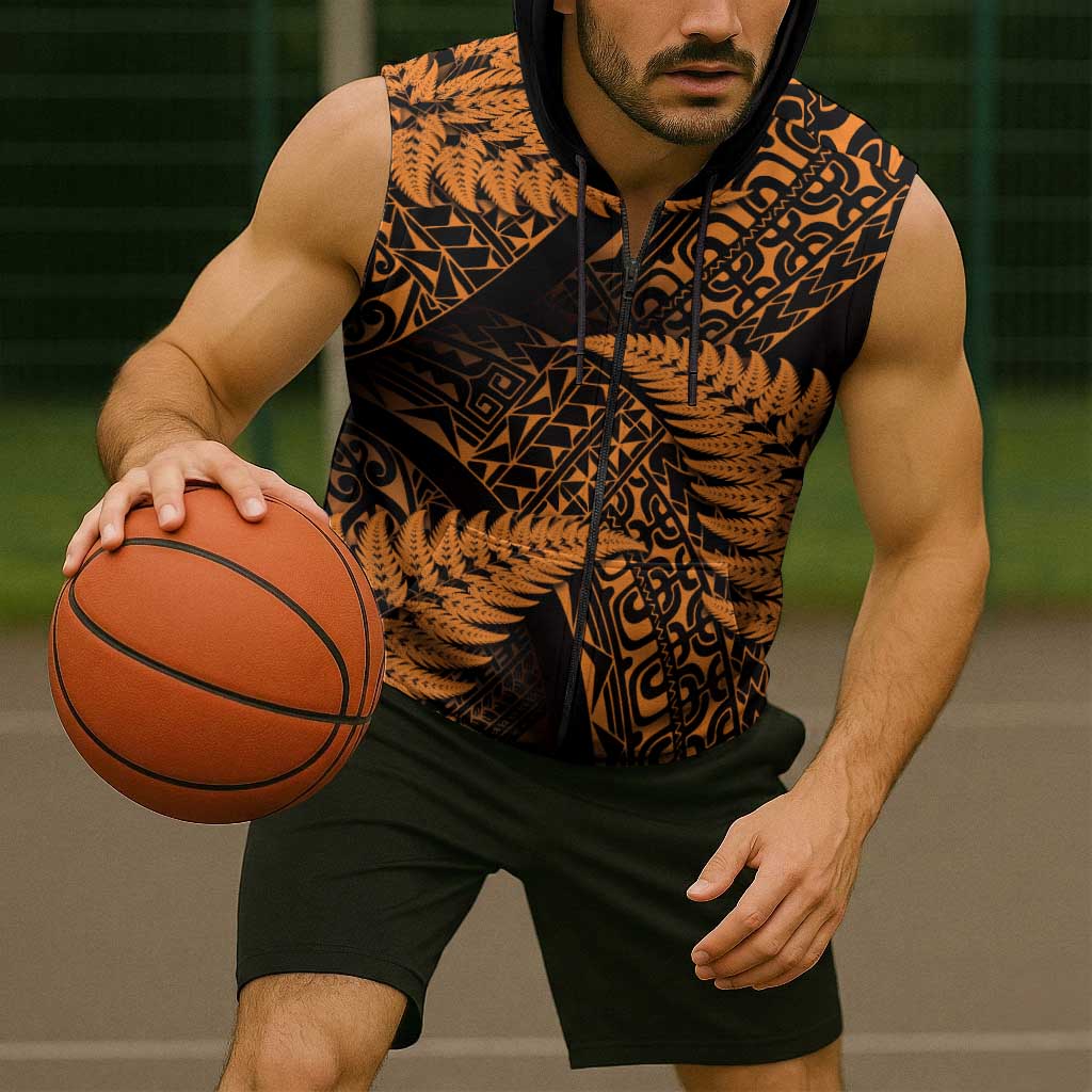 New Zealand Rugby Pacific Personalised Sleeveless Zip Hoodie All Gold Maori Pasifika Fern Pattern LT9