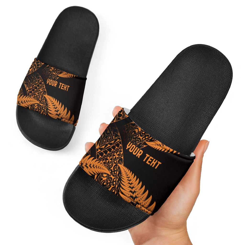 New Zealand Rugby Pacific Personalised Slide Sandals All Gold Maori Pasifika Fern Pattern - Aussie Hoodie