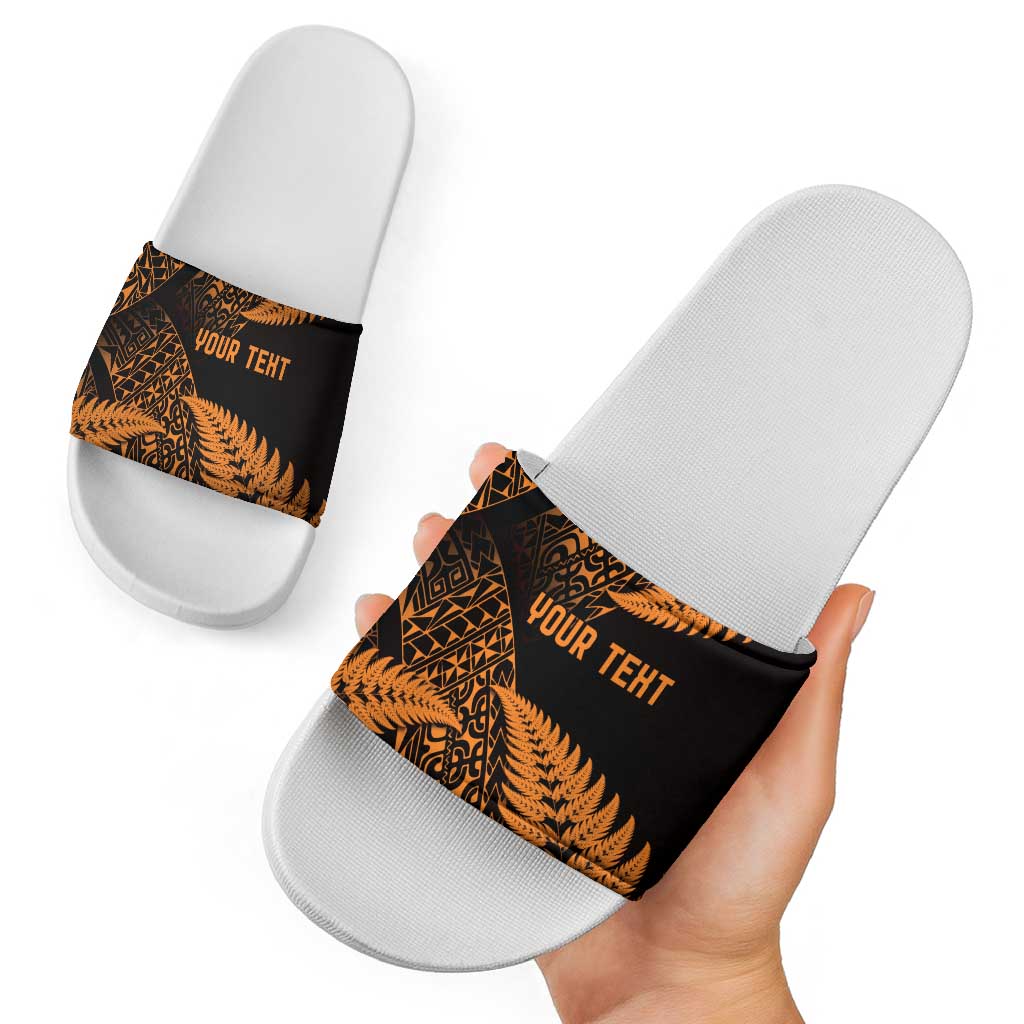 New Zealand Rugby Pacific Personalised Slide Sandals All Gold Maori Pasifika Fern Pattern - Aussie Hoodie