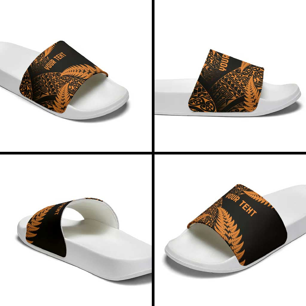 New Zealand Rugby Pacific Personalised Slide Sandals All Gold Maori Pasifika Fern Pattern - Aussie Hoodie