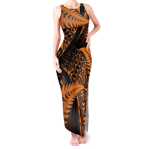 New Zealand Rugby Pacific Personalised Tank Maxi Dress All Gold Maori Pasifika Fern Pattern