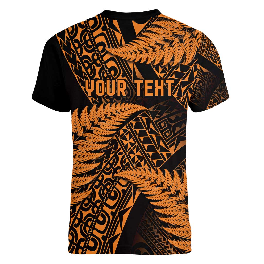 New Zealand Rugby Pacific Personalised Women V-Neck T-Shirt All Gold Maori Pasifika Fern Pattern
