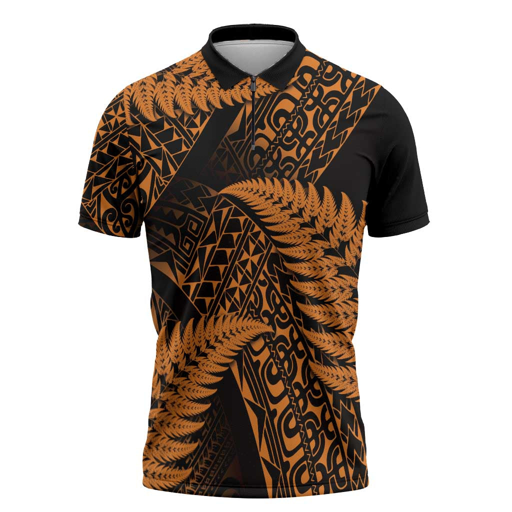 New Zealand Rugby Pacific Personalised Zipper Polo Shirt All Gold Maori Pasifika Fern Pattern - Aussie Hoodie