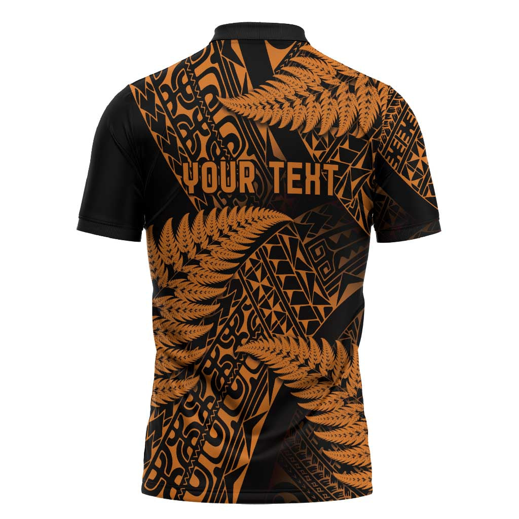 New Zealand Rugby Pacific Personalised Zipper Polo Shirt All Gold Maori Pasifika Fern Pattern - Aussie Hoodie