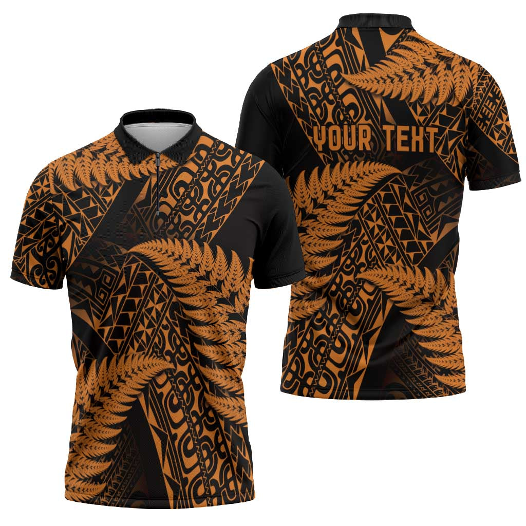 New Zealand Rugby Pacific Personalised Zipper Polo Shirt All Gold Maori Pasifika Fern Pattern - Aussie Hoodie