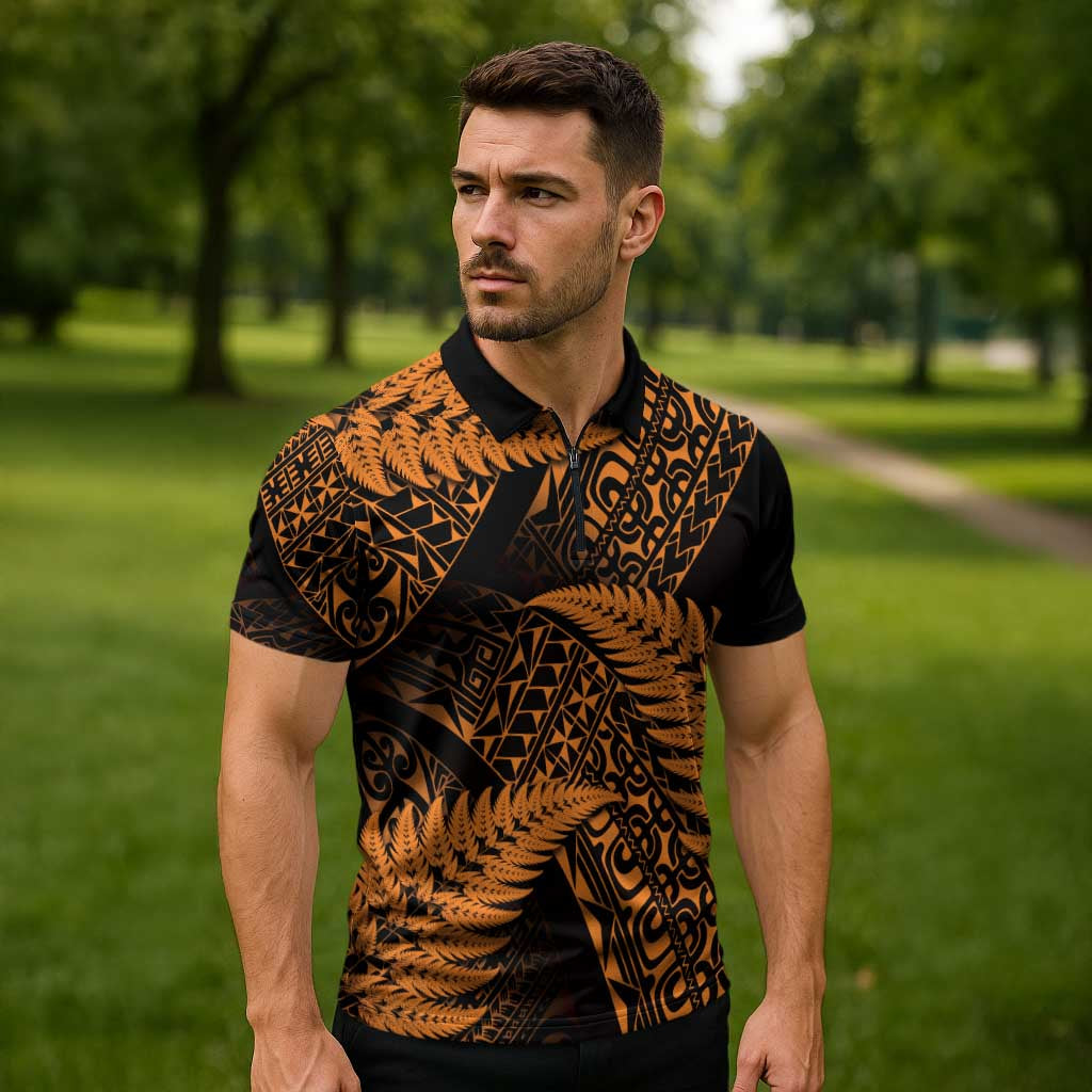 New Zealand Rugby Pacific Personalised Zipper Polo Shirt All Gold Maori Pasifika Fern Pattern - Aussie Hoodie