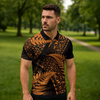 New Zealand Rugby Pacific Personalised Zipper Polo Shirt All Gold Maori Pasifika Fern Pattern - Aussie Hoodie