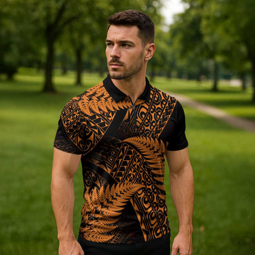 New Zealand Rugby Pacific Personalised Zipper Polo Shirt All Gold Maori Pasifika Fern Pattern - Aussie Hoodie