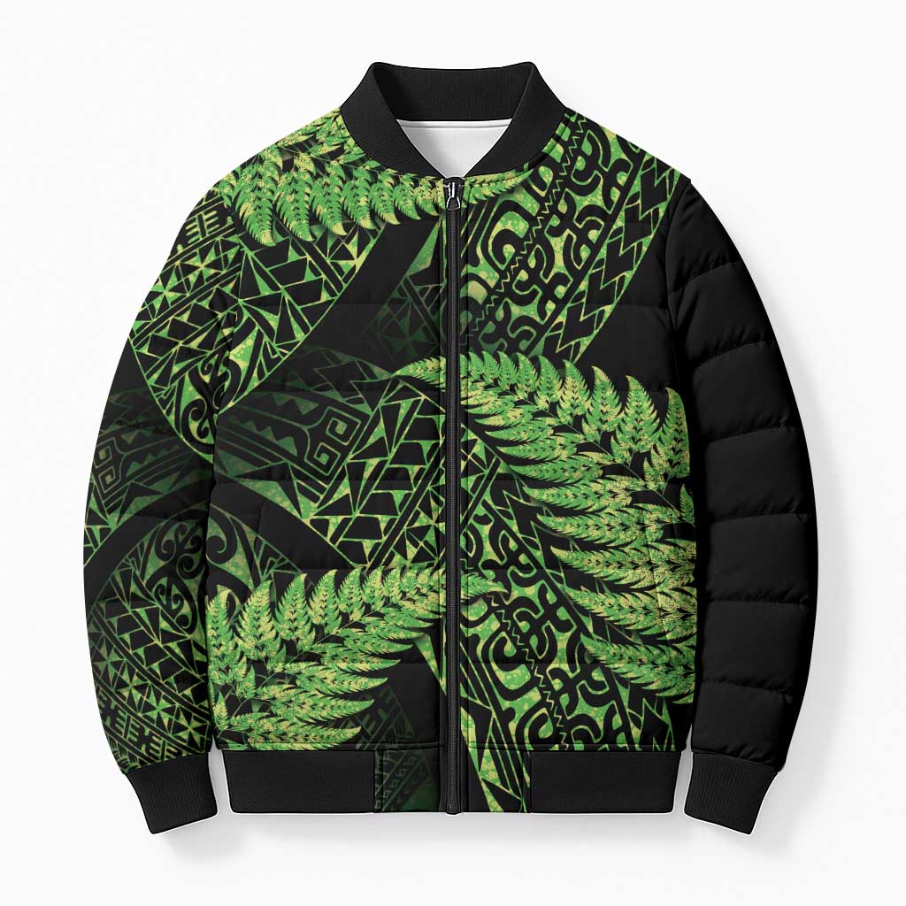 New Zealand Rugby Pacific Personalised Bomber Puffer Jacket All Lime Maori Pasifika Fern Pattern - Aussie Hoodie