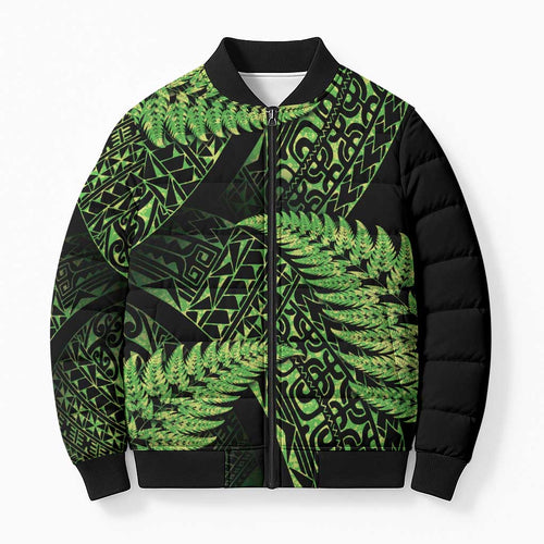New Zealand Rugby Pacific Personalised Bomber Puffer Jacket All Lime Maori Pasifika Fern Pattern - Aussie Hoodie