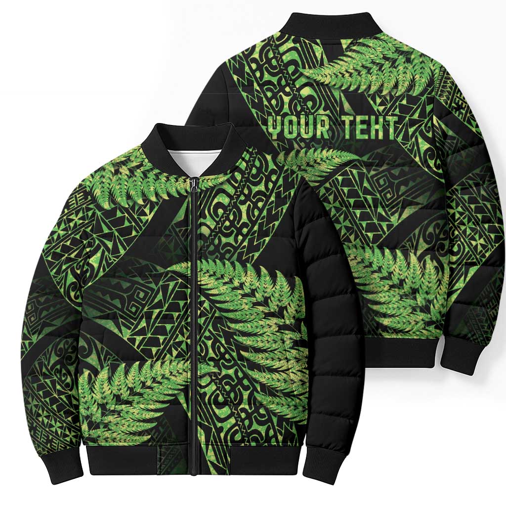 New Zealand Rugby Pacific Personalised Bomber Puffer Jacket All Lime Maori Pasifika Fern Pattern - Aussie Hoodie