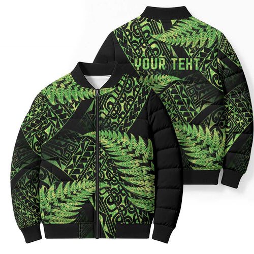 New Zealand Rugby Pacific Personalised Bomber Puffer Jacket All Lime Maori Pasifika Fern Pattern - Aussie Hoodie