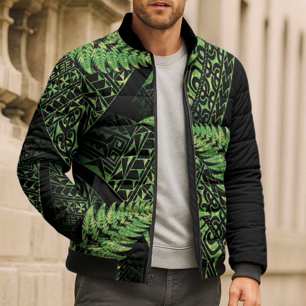 New Zealand Rugby Pacific Personalised Bomber Puffer Jacket All Lime Maori Pasifika Fern Pattern - Aussie Hoodie
