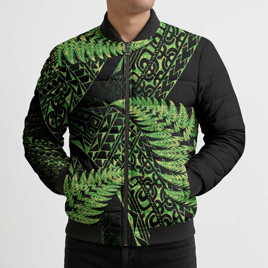 New Zealand Rugby Pacific Personalised Bomber Puffer Jacket All Lime Maori Pasifika Fern Pattern - Aussie Hoodie