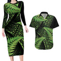 New Zealand Rugby Pacific Personalised Couples Matching Long Sleeve Bodycon Dress and Hawaiian Shirt All Lime Maori Pasifika Fern Pattern