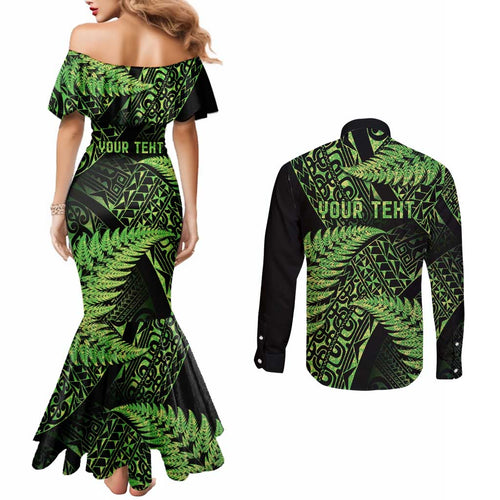 New Zealand Rugby Pacific Personalised Couples Matching Mermaid Dress and Long Sleeve Button Shirt All Lime Maori Pasifika Fern Pattern