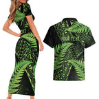 New Zealand Rugby Pacific Personalised Couples Matching Short Sleeve Bodycon Dress and Hawaiian Shirt All Lime Maori Pasifika Fern Pattern