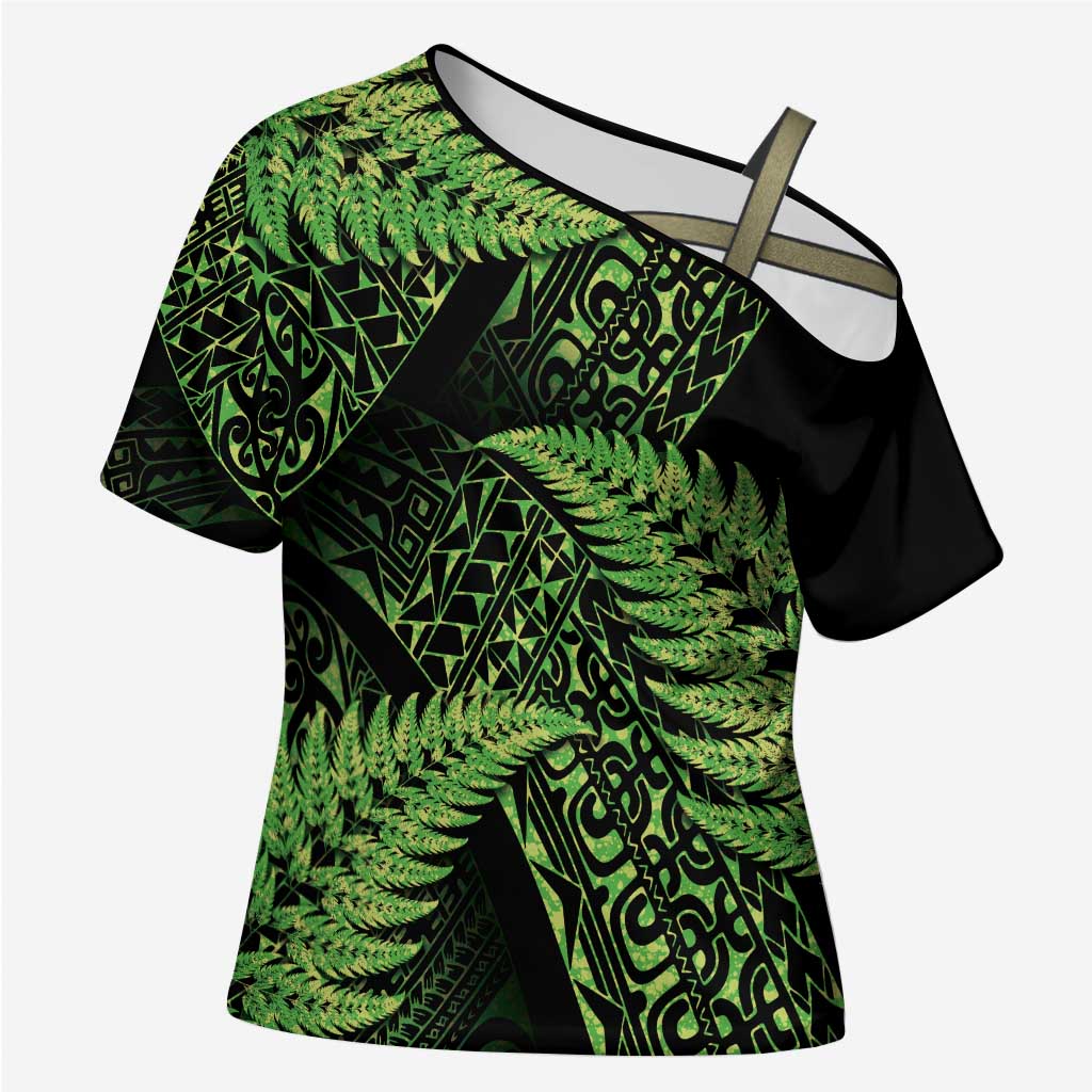 New Zealand Rugby Pacific Personalised Cross Shoulder Shirt All Lime Maori Pasifika Fern Pattern - Aussie Hoodie