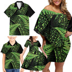New Zealand Rugby Pacific Personalised Family Matching Off Shoulder Short Dress and Hawaiian Shirt All Lime Maori Pasifika Fern Pattern