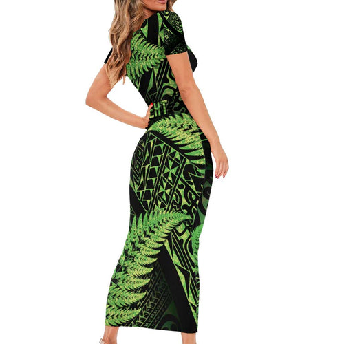 New Zealand Rugby Pacific Personalised Family Matching Short Sleeve Bodycon Dress and Hawaiian Shirt All Lime Maori Pasifika Fern Pattern