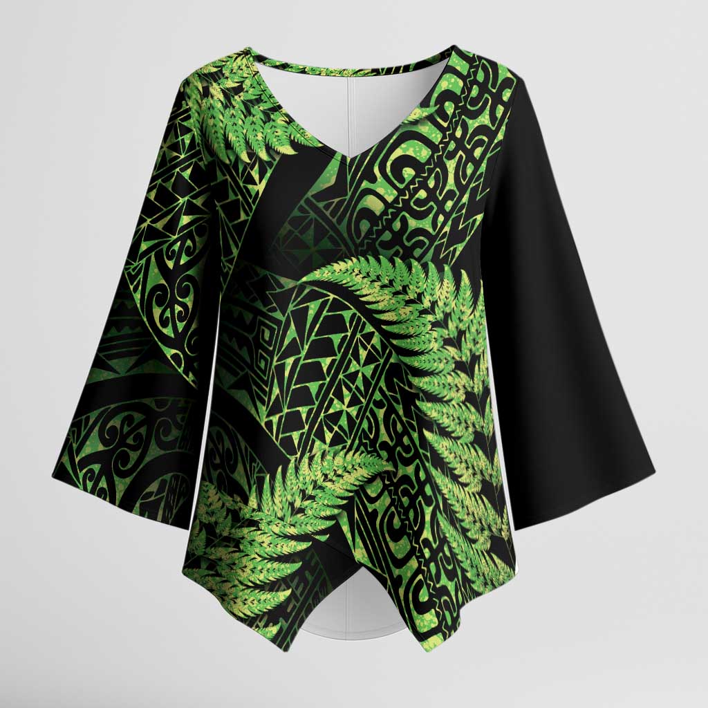 New Zealand Rugby Pacific Personalised Kimono Sleeve Blouse All Lime Maori Pasifika Fern Pattern - Aussie Hoodie