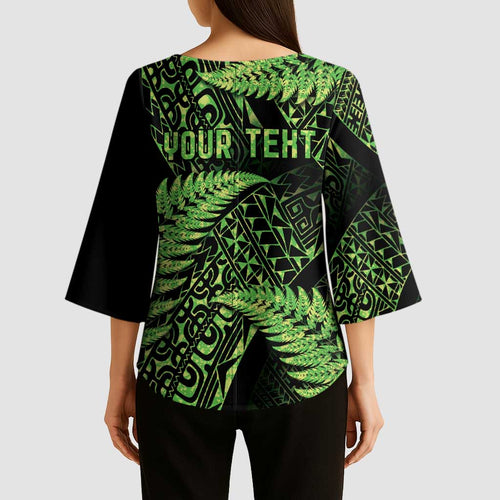New Zealand Rugby Pacific Personalised Kimono Sleeve Blouse All Lime Maori Pasifika Fern Pattern - Aussie Hoodie