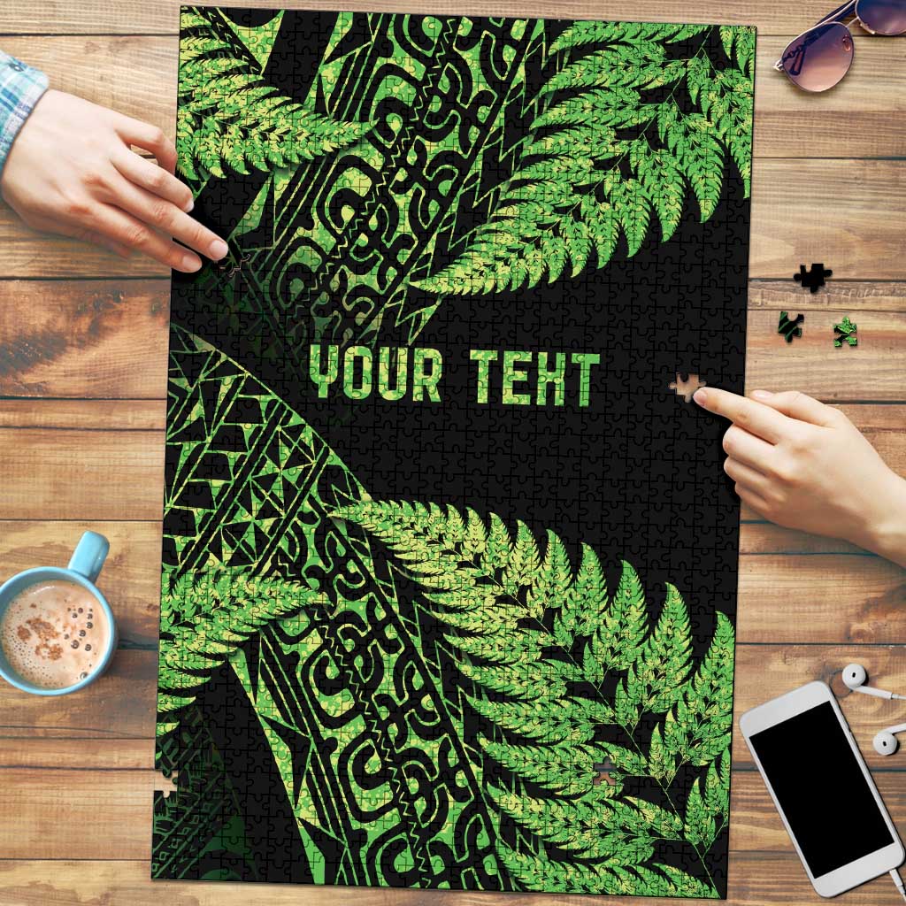 New Zealand Rugby Pacific Personalised Puzzle All Lime Maori Pasifika Fern Pattern - Aussie Hoodie