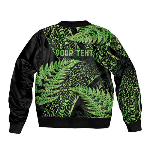 New Zealand Rugby Pacific Personalised Sleeve Zip Bomber Jacket All Lime Maori Pasifika Fern Pattern