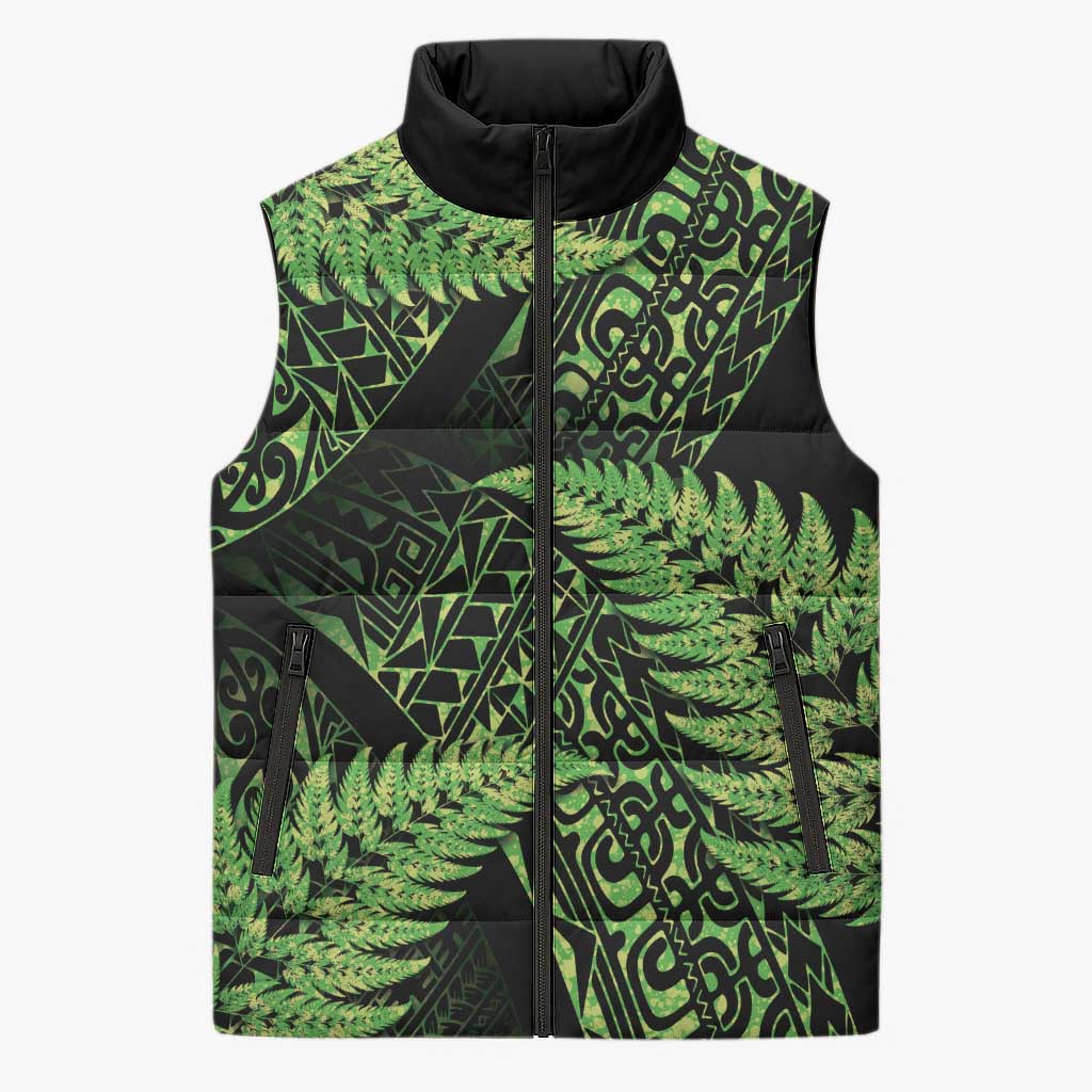 New Zealand Rugby Pacific Personalised Sleeveless Puffer Jacket All Lime Maori Pasifika Fern Pattern - Aussie Hoodie