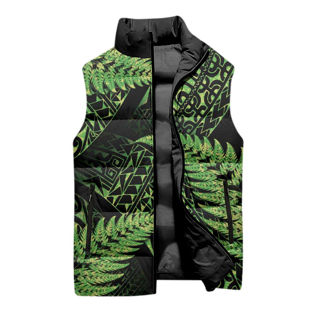 New Zealand Rugby Pacific Personalised Sleeveless Puffer Jacket All Lime Maori Pasifika Fern Pattern - Aussie Hoodie