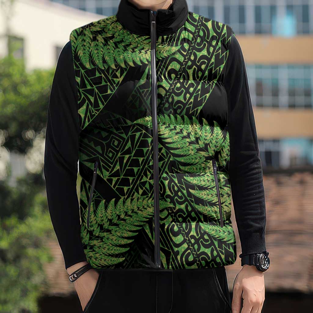 New Zealand Rugby Pacific Personalised Sleeveless Puffer Jacket All Lime Maori Pasifika Fern Pattern - Aussie Hoodie