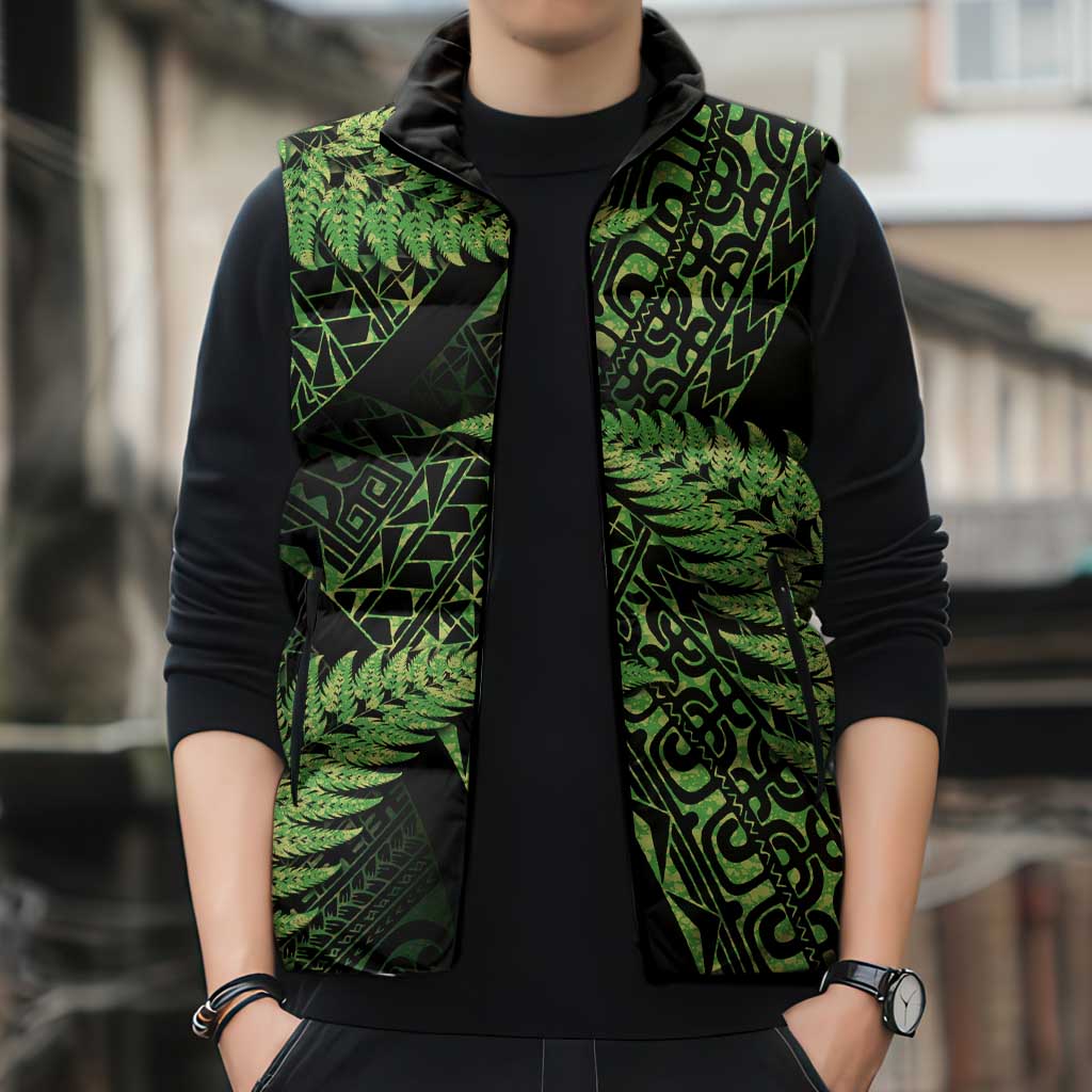 New Zealand Rugby Pacific Personalised Sleeveless Puffer Jacket All Lime Maori Pasifika Fern Pattern - Aussie Hoodie