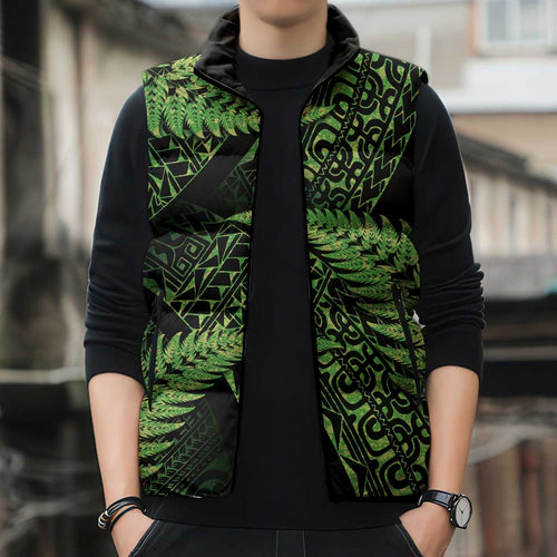 New Zealand Rugby Pacific Personalised Sleeveless Puffer Jacket All Lime Maori Pasifika Fern Pattern - Aussie Hoodie