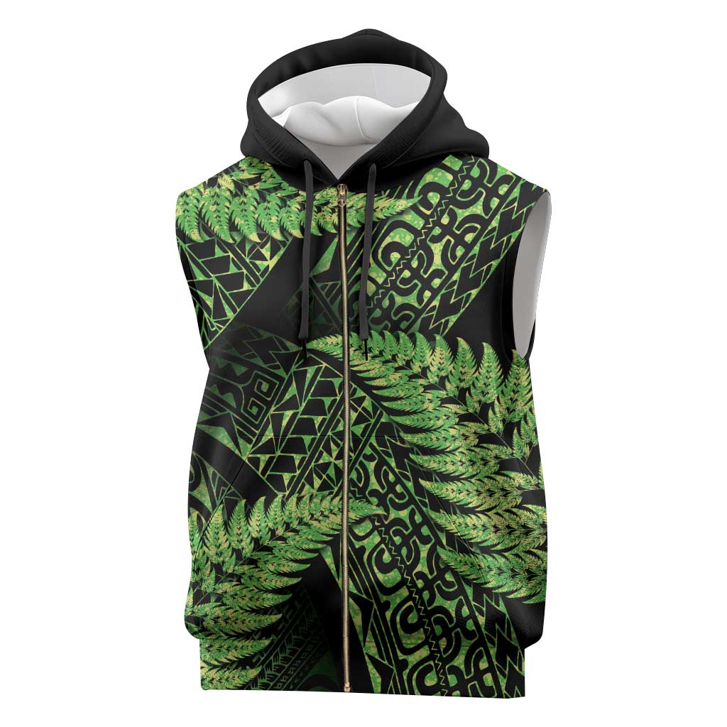 New Zealand Rugby Pacific Personalised Sleeveless Zip Hoodie All Lime Maori Pasifika Fern Pattern - Aussie Hoodie