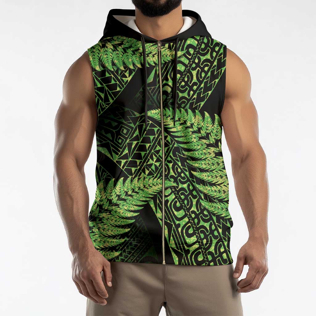 New Zealand Rugby Pacific Personalised Sleeveless Zip Hoodie All Lime Maori Pasifika Fern Pattern - Aussie Hoodie