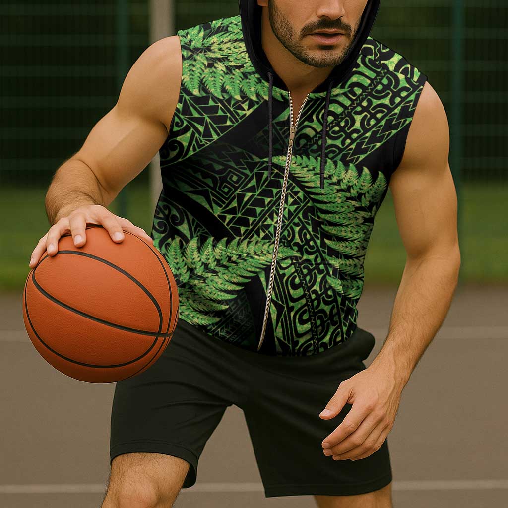 New Zealand Rugby Pacific Personalised Sleeveless Zip Hoodie All Lime Maori Pasifika Fern Pattern - Aussie Hoodie