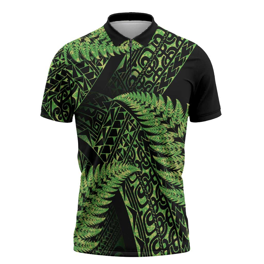 New Zealand Rugby Pacific Personalised Zipper Polo Shirt All Lime Maori Pasifika Fern Pattern - Aussie Hoodie