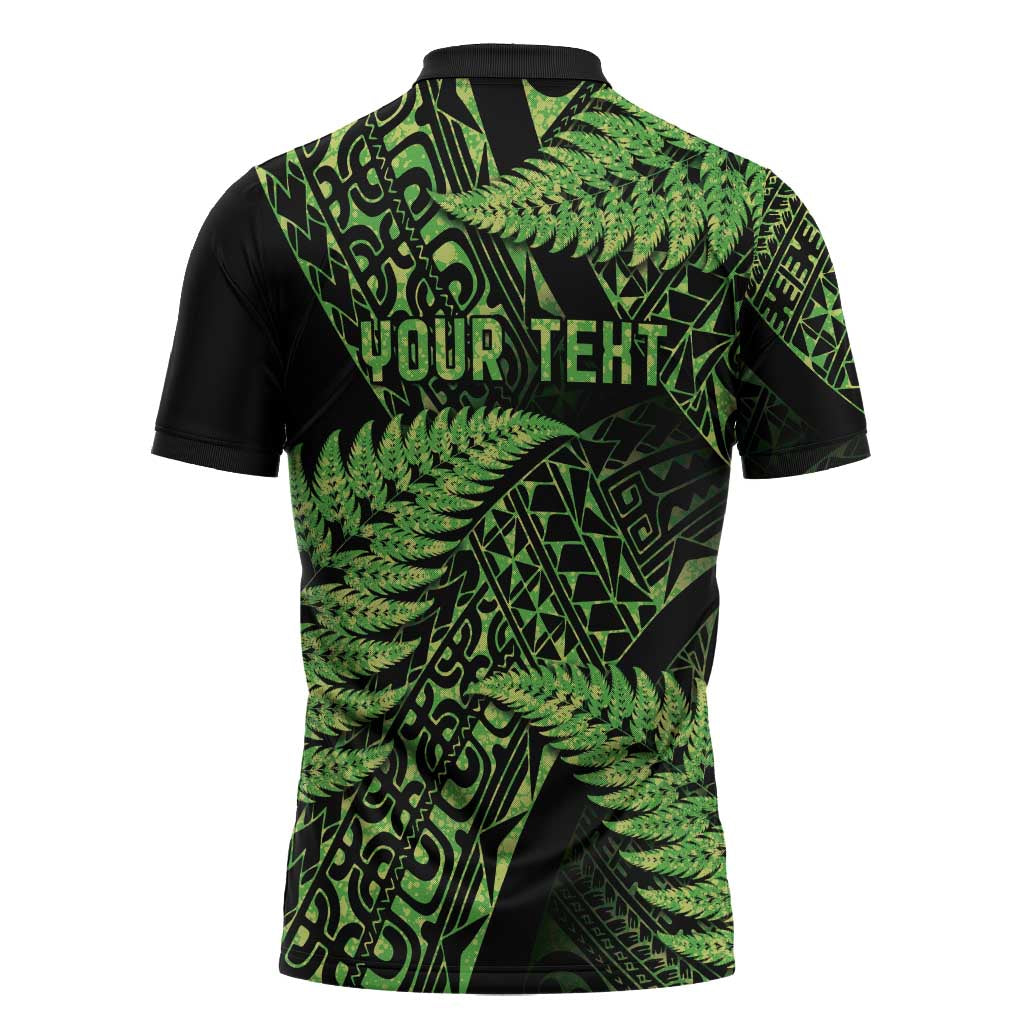 New Zealand Rugby Pacific Personalised Zipper Polo Shirt All Lime Maori Pasifika Fern Pattern - Aussie Hoodie