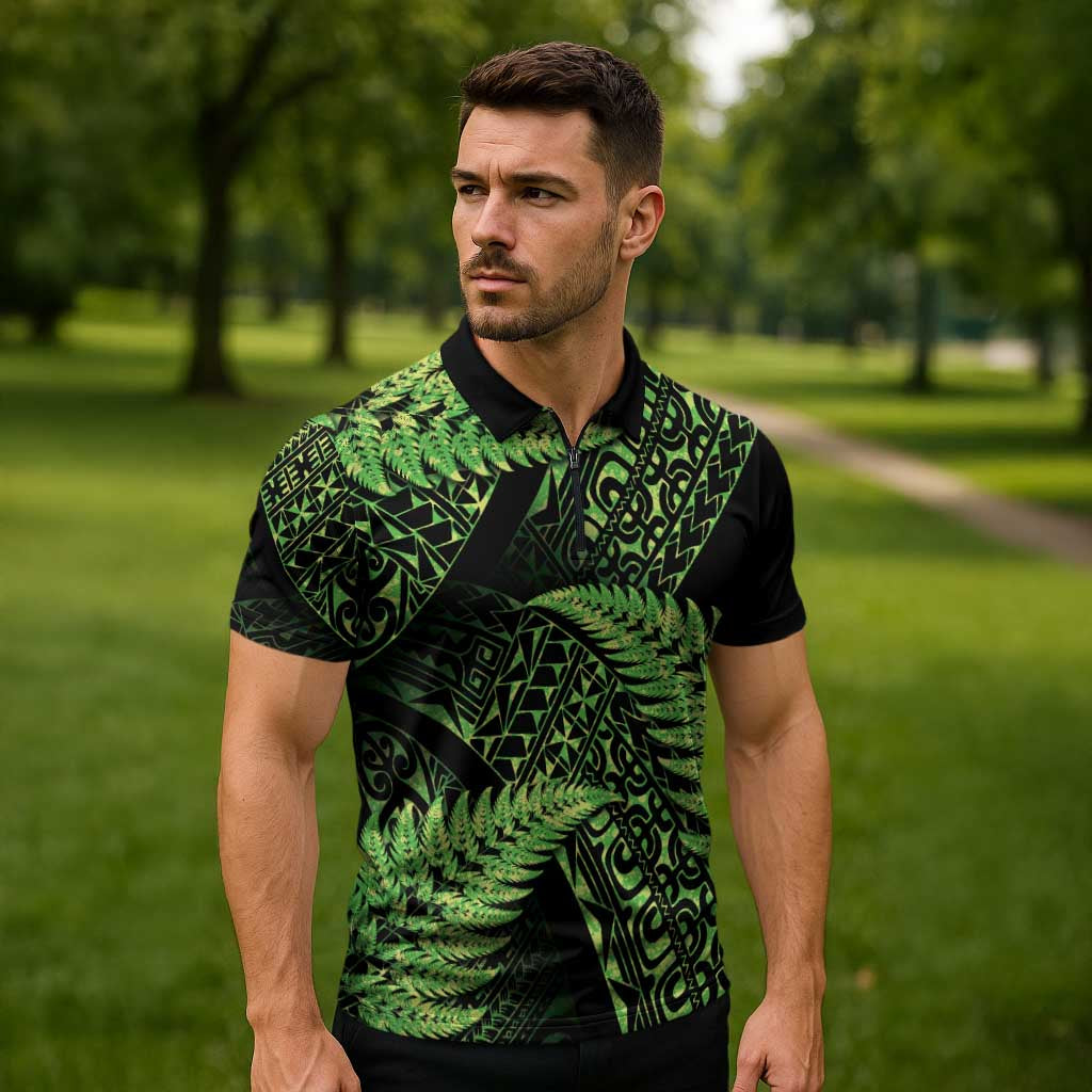 New Zealand Rugby Pacific Personalised Zipper Polo Shirt All Lime Maori Pasifika Fern Pattern - Aussie Hoodie