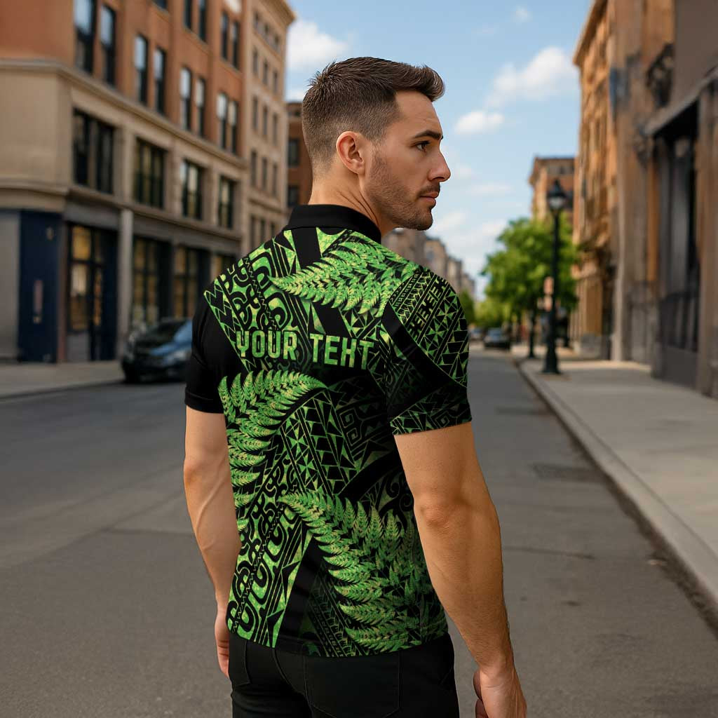 New Zealand Rugby Pacific Personalised Zipper Polo Shirt All Lime Maori Pasifika Fern Pattern - Aussie Hoodie