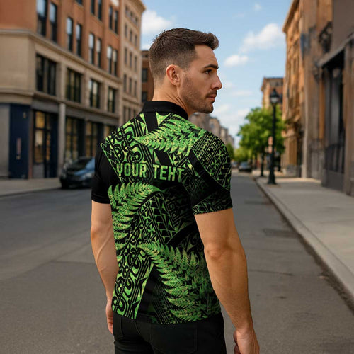 New Zealand Rugby Pacific Personalised Zipper Polo Shirt All Lime Maori Pasifika Fern Pattern - Aussie Hoodie