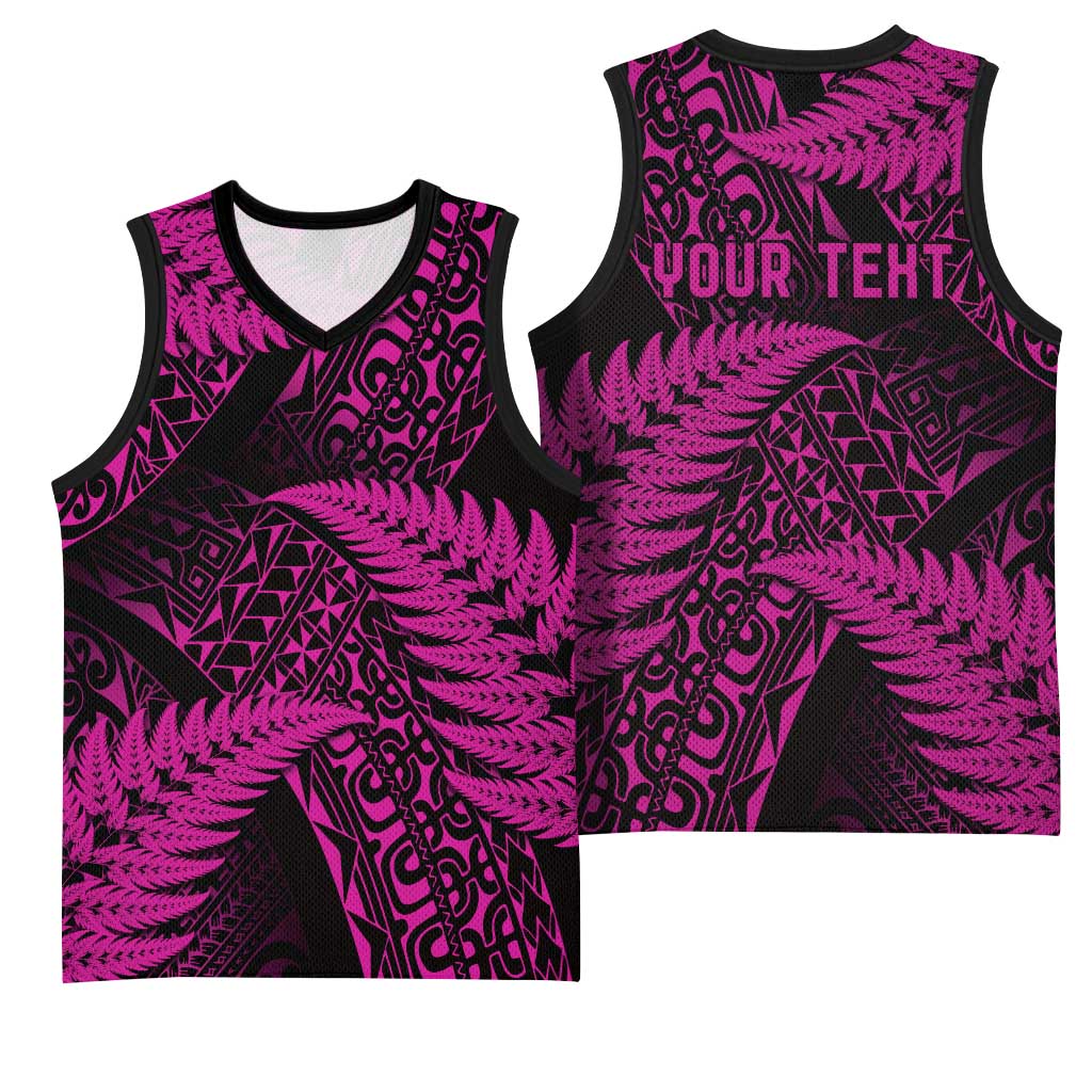 New Zealand Rugby Pacific Personalised Basketball Jersey All Pink Maori Pasifika Fern Pattern - Aussie Hoodie