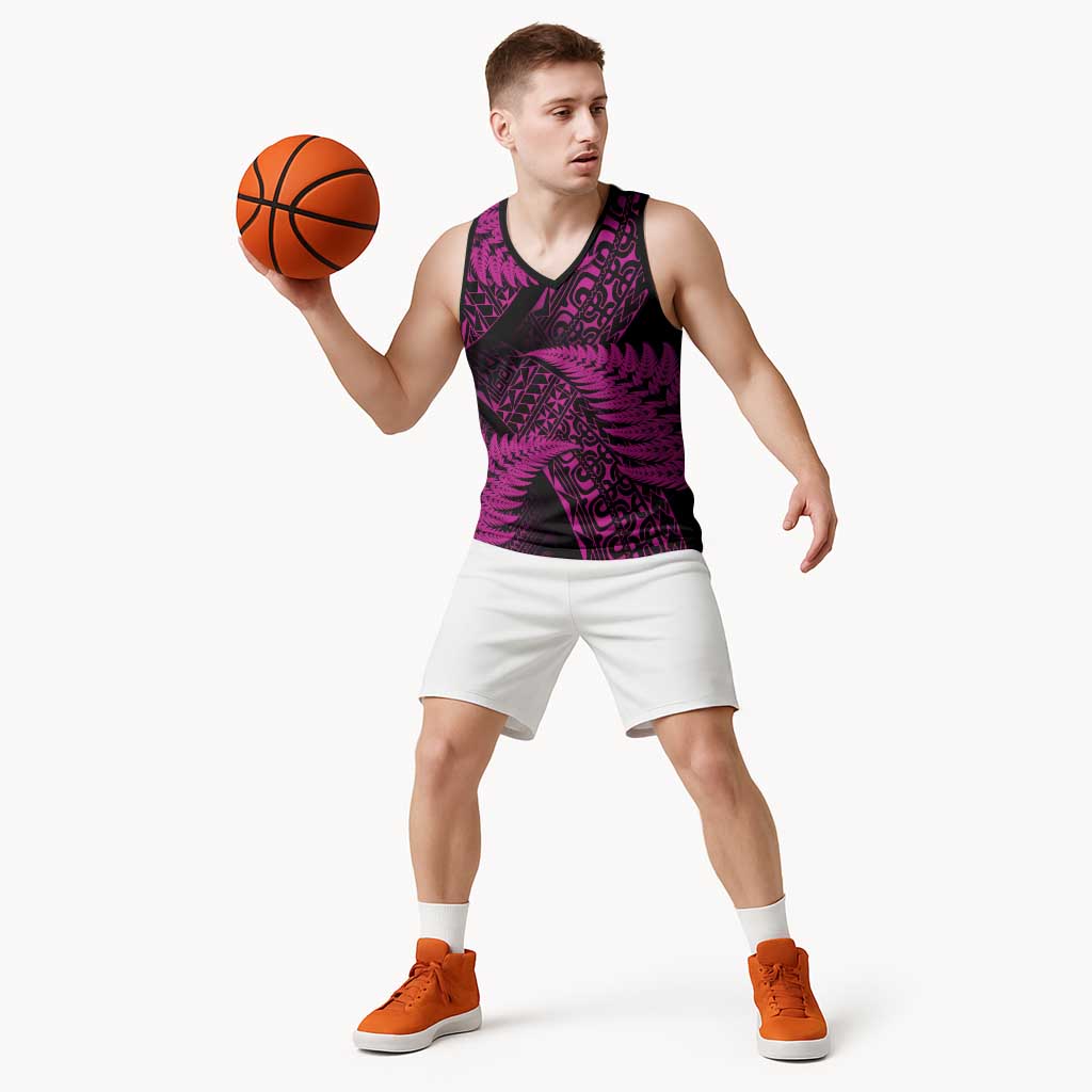 New Zealand Rugby Pacific Personalised Basketball Jersey All Pink Maori Pasifika Fern Pattern - Aussie Hoodie