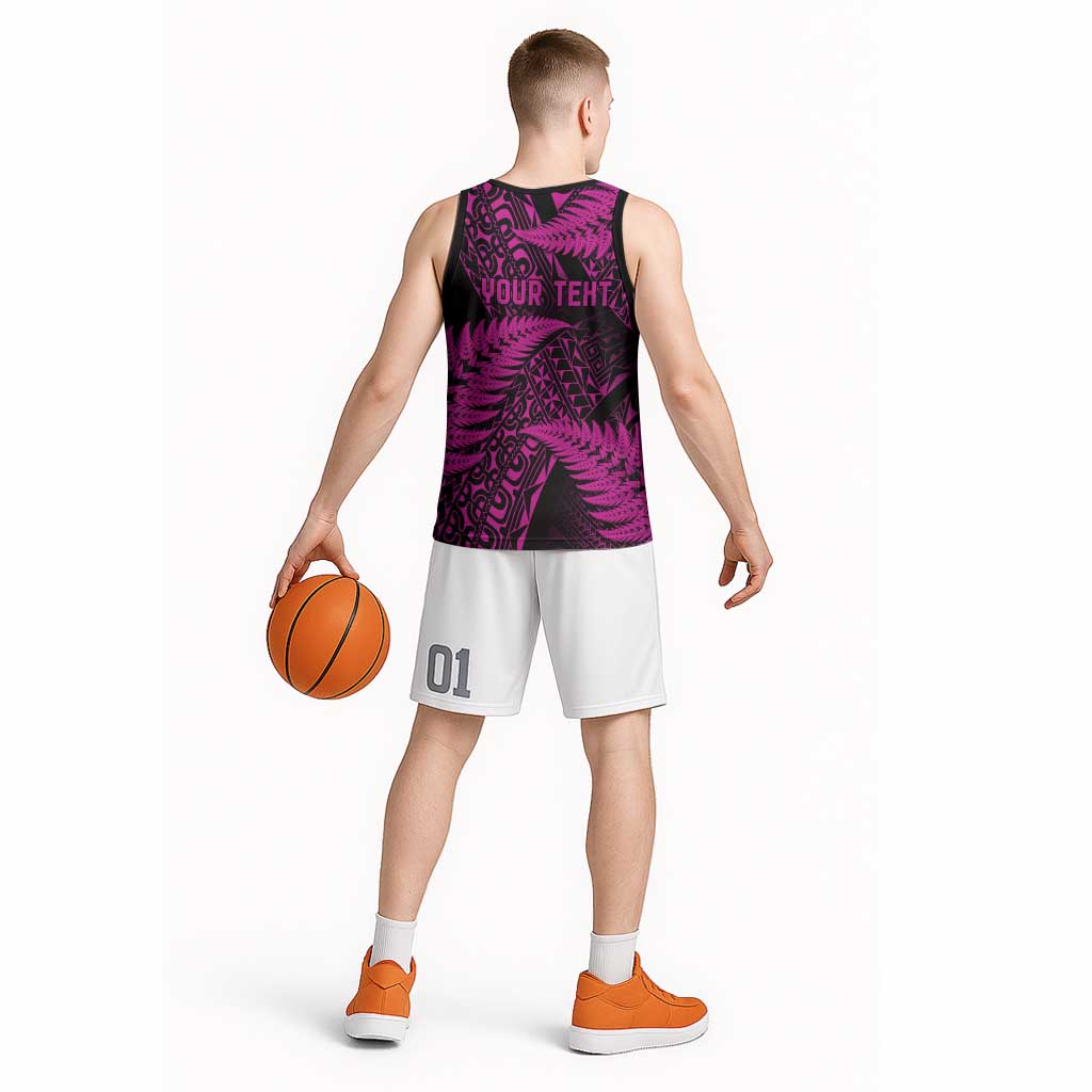 New Zealand Rugby Pacific Personalised Basketball Jersey All Pink Maori Pasifika Fern Pattern - Aussie Hoodie