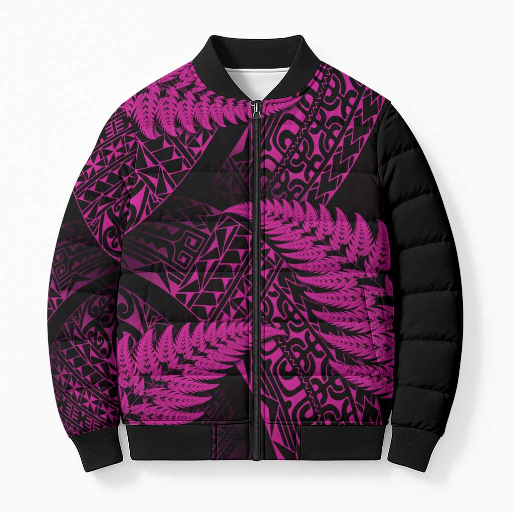New Zealand Rugby Pacific Personalised Bomber Puffer Jacket All Pink Maori Pasifika Fern Pattern - Aussie Hoodie