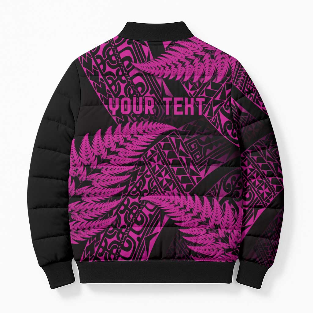 New Zealand Rugby Pacific Personalised Bomber Puffer Jacket All Pink Maori Pasifika Fern Pattern - Aussie Hoodie
