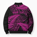 New Zealand Rugby Pacific Personalised Bomber Puffer Jacket All Pink Maori Pasifika Fern Pattern - Aussie Hoodie