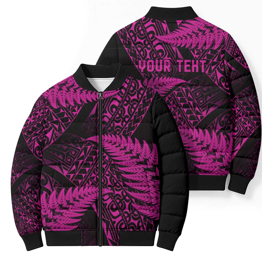 New Zealand Rugby Pacific Personalised Bomber Puffer Jacket All Pink Maori Pasifika Fern Pattern - Aussie Hoodie