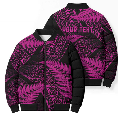 New Zealand Rugby Pacific Personalised Bomber Puffer Jacket All Pink Maori Pasifika Fern Pattern - Aussie Hoodie